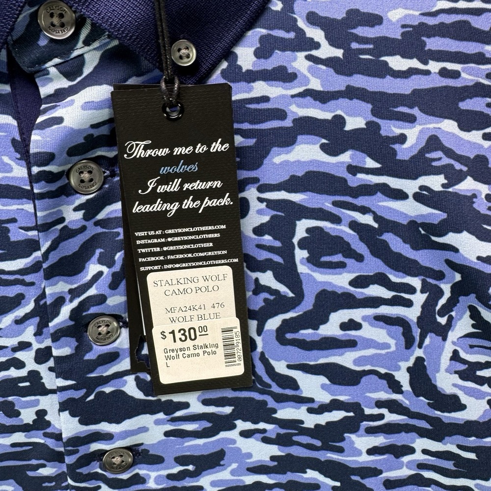 Greyson Golf Polo Shirt Mens Large Blue Stalking Wolf Camo Short Sleeve NWT $130 - Picture 7 of 14
